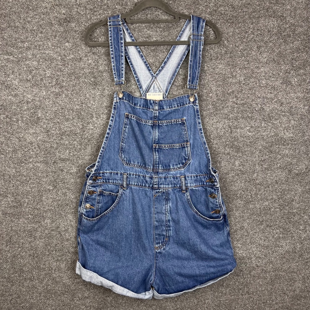 We The Free Denim Shortalls Womens L Blue Excellent Cotton Bib Overalls Shorts